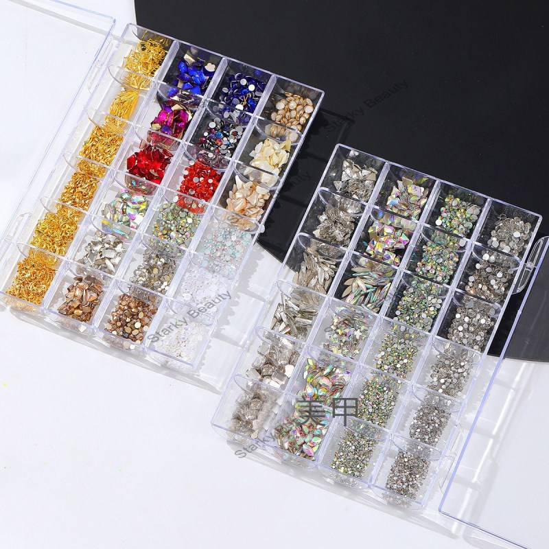 24 grid box manicure diamond flat bottom diamond manicure jewelry mixed