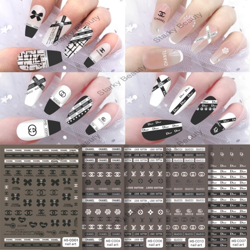 Black and white long strip small fragrant logo nail stickers