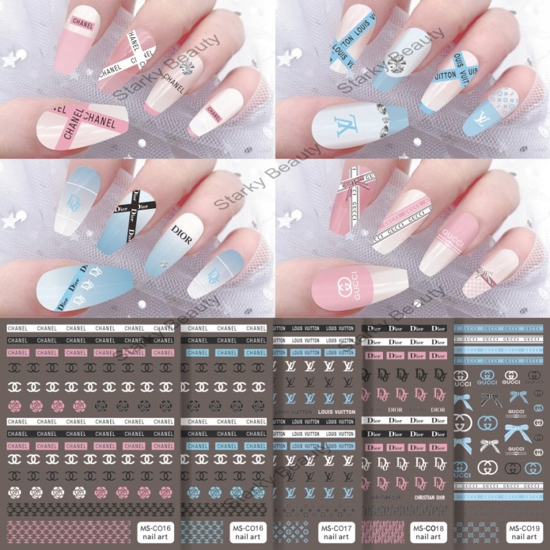 Pink and blue long strip small fragrance nail stickers, brand logo nail sticker