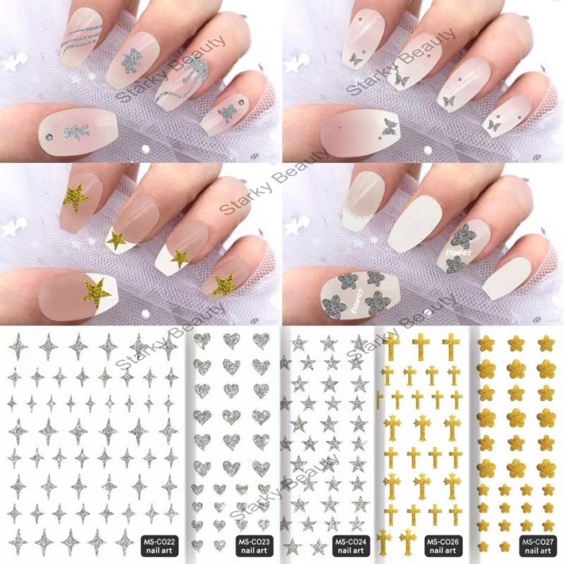 Gold and Silver Sparkling Pink Cross Starlight Heart Butterfly Flame Nail Sticker