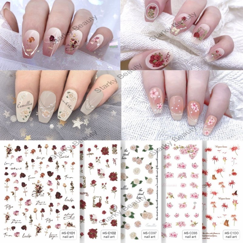 Vintage Rose Popular Flower Lily of the valley, cherry blossom, peach blossom nail sticker