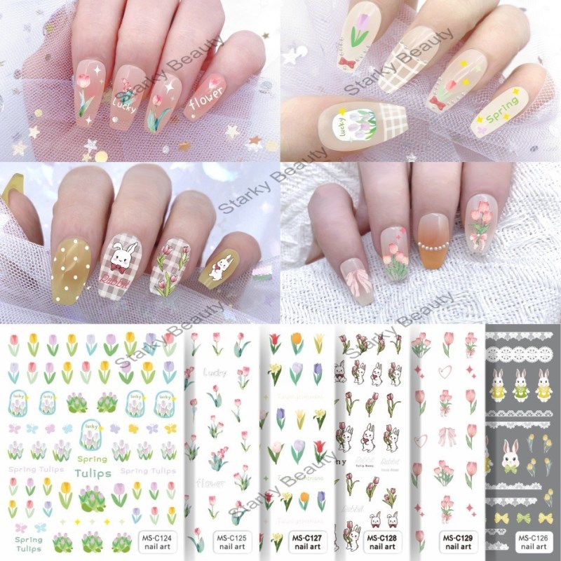 Spring/Summer Hand Painted Tulip Rabbit Nail Enhancement Sticker Nail Decal