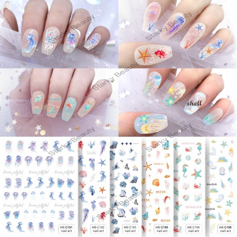 Summer Ocean Breeze Blue Jellyfish Shell Coral Seahorse Starfish Nail Sticker