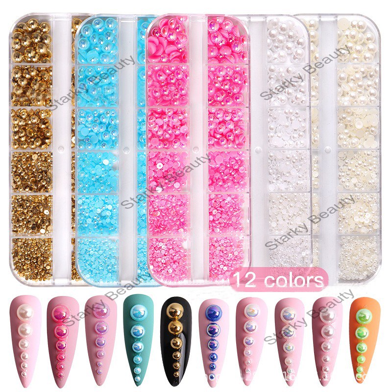 Nail Pearl 12 Grid Long Box Flat Bottom Half Round Pearl Nail Jewelry