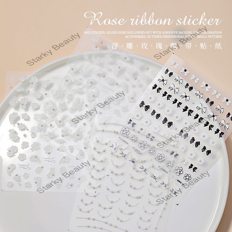 Rose Pearl French New Back Adhesive Bow Nail Relief Sticker