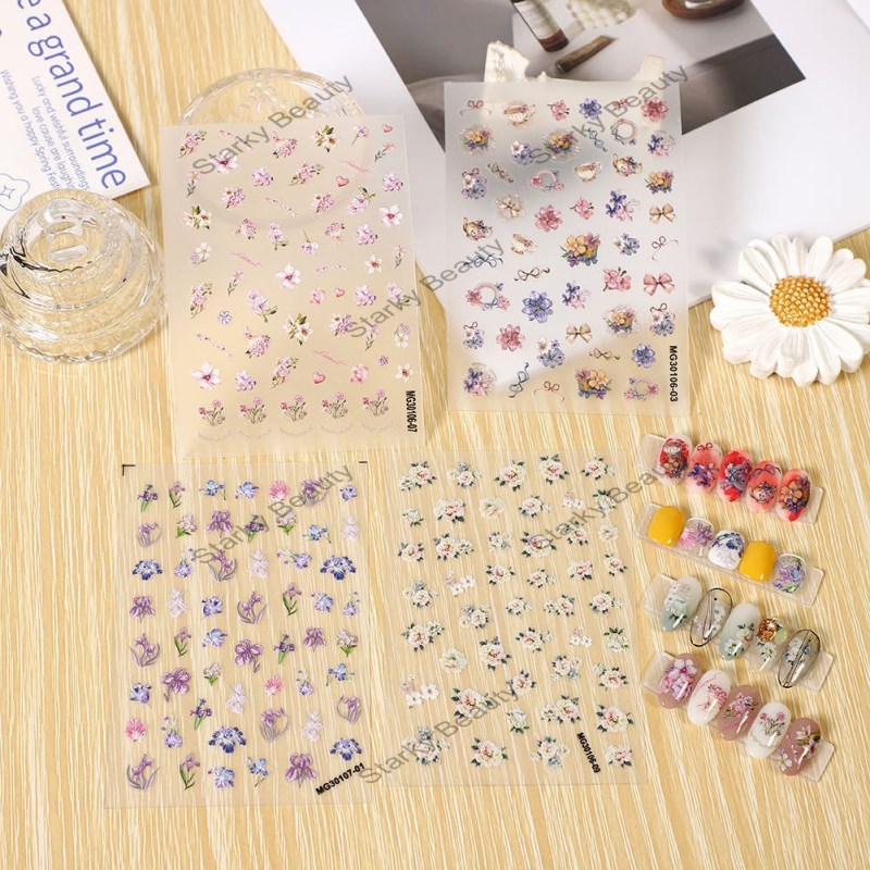 2023 Nail Thin Adhesive Oil Painting Flower Painting Retro Cream Fragmented Flower Sticker