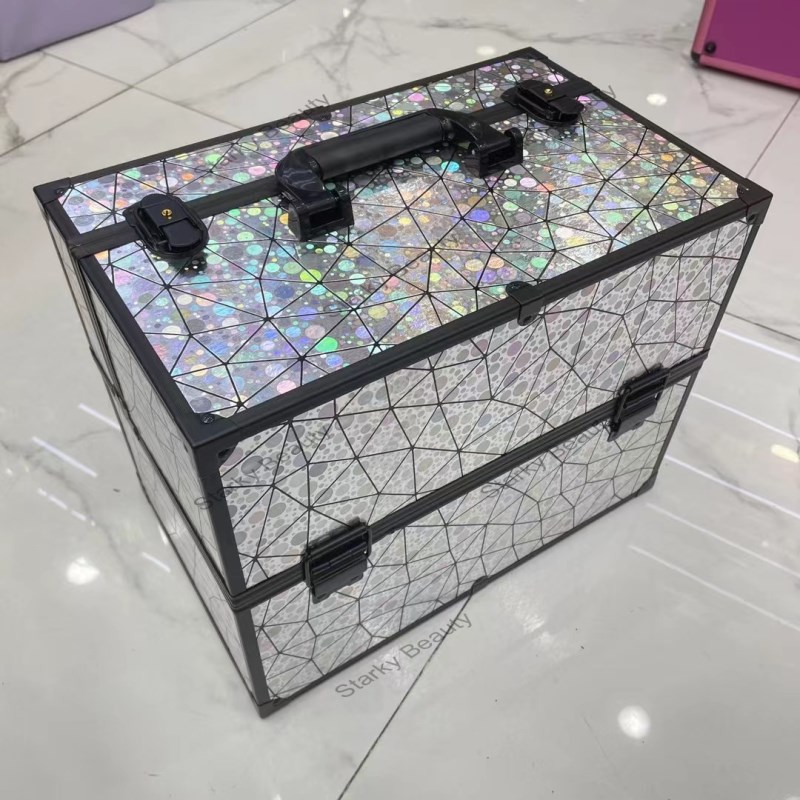 Makeup box aluminum laser geometric beauty and hair salon large capacity multifunctional storage cas