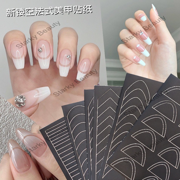 painting sticker collage with sunset French hollow template nail stickers