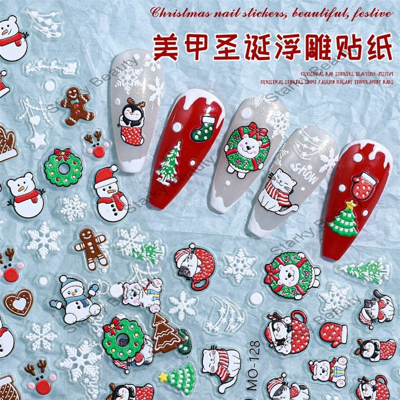 Christmas Embossed Nail Sticker Christmas Tree Snowflake Santa Claus with Adhesive Backing