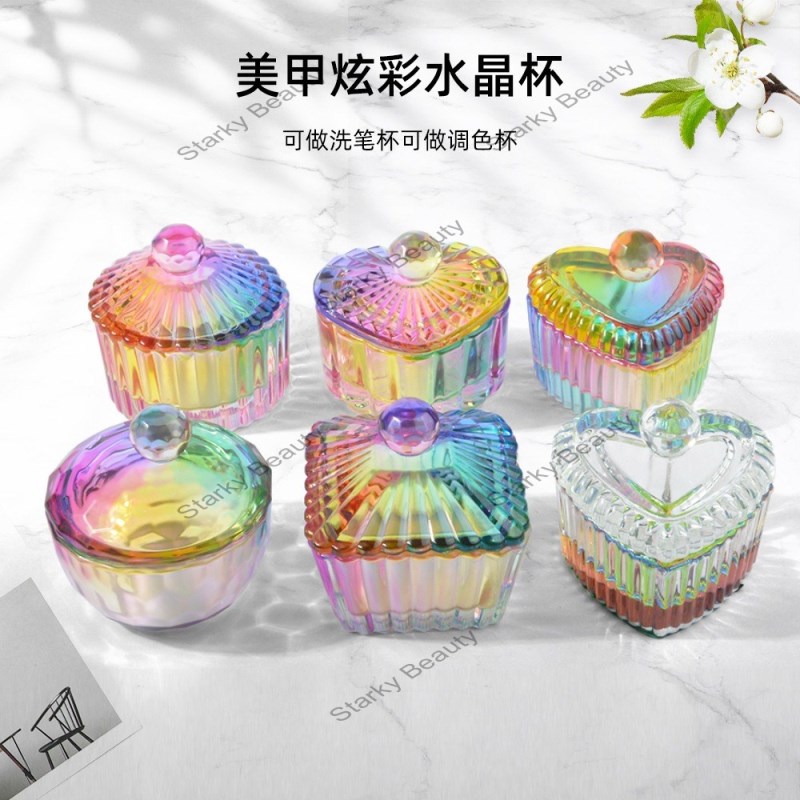 Colorful Nail  Crystal Cup with Cover Multiple Shapes Colored Dual Use Glass Crystal Cup