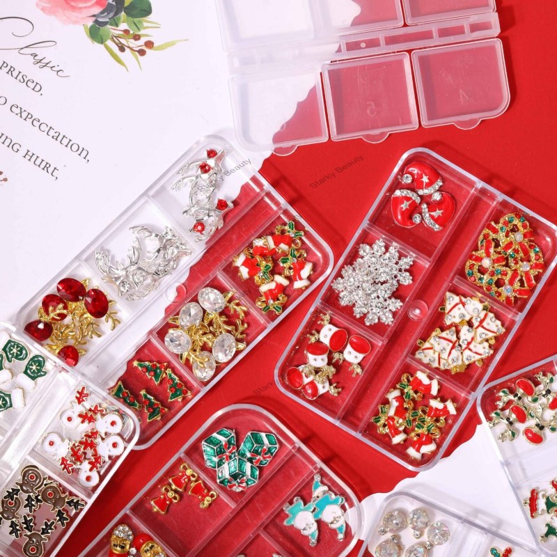 2023 New 6 Grid Nail Decoration Christmas Tree Snowflake Alloy Nail DIY Accessories