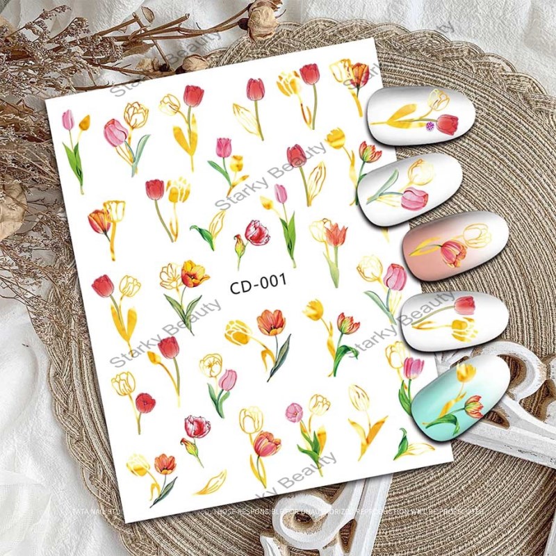 Two color hot stamping nail stickers, tulip butterfly summer nail stickers