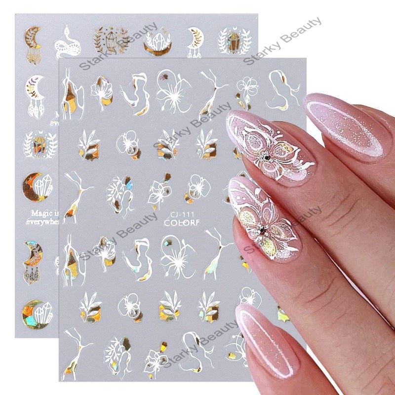 Hot stamping irregular white flower grass sun moon backing adhesive nail stickers