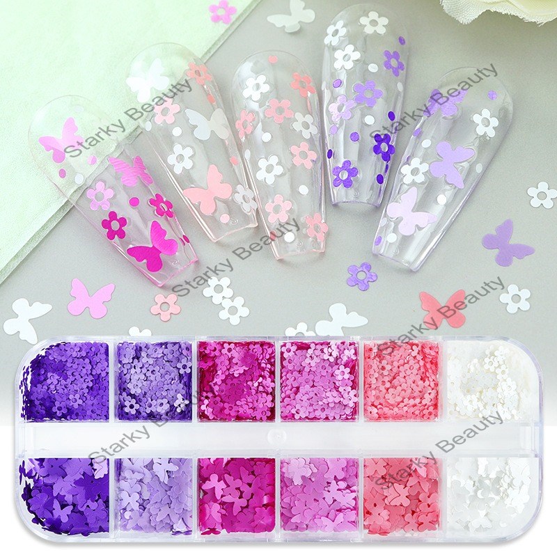 12 grid long box butterfly flower nail glitter