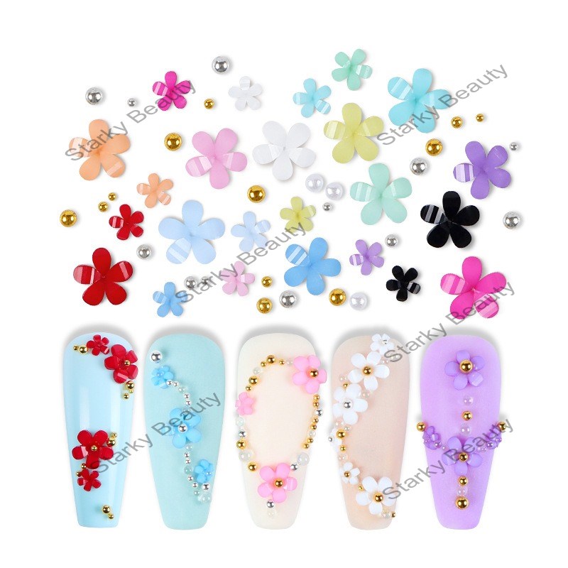 200pcs nail art five petal flower accessories with gold and silver beads r