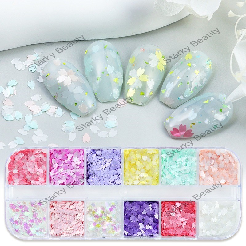 12 grid box petal nail art thin glitter light cherry blossom petal nail accessories