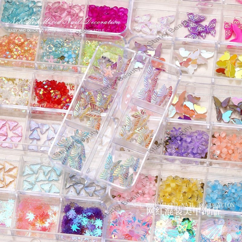 6grid Nail sequin resin bow shaped diamond DIY set long box nail accessories