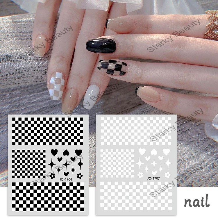 Black and White Checkerboard Nail Sticker with Grid