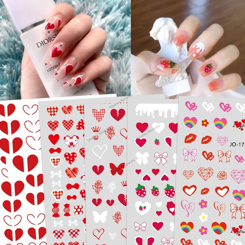 Love Nail Stickers Pink Plaid Strawberry Love Bow Back Adhesive Nail Stickers