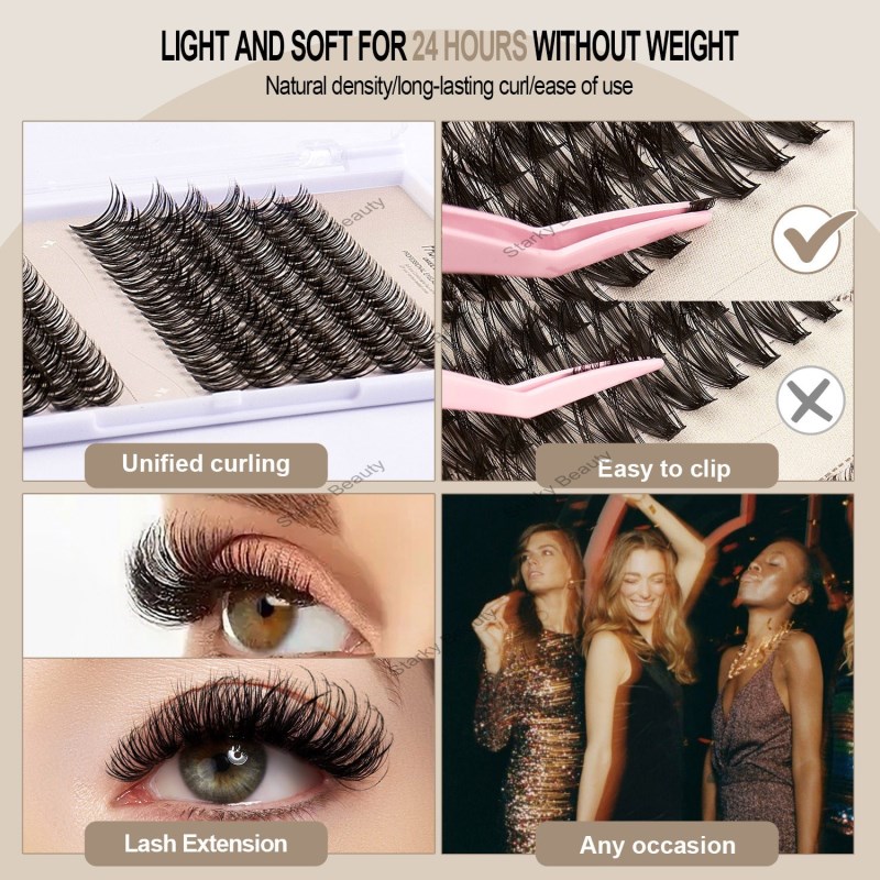 Single cluster false eyelashes 240 clusters large capacity 8-16mm with adhesive tweezers