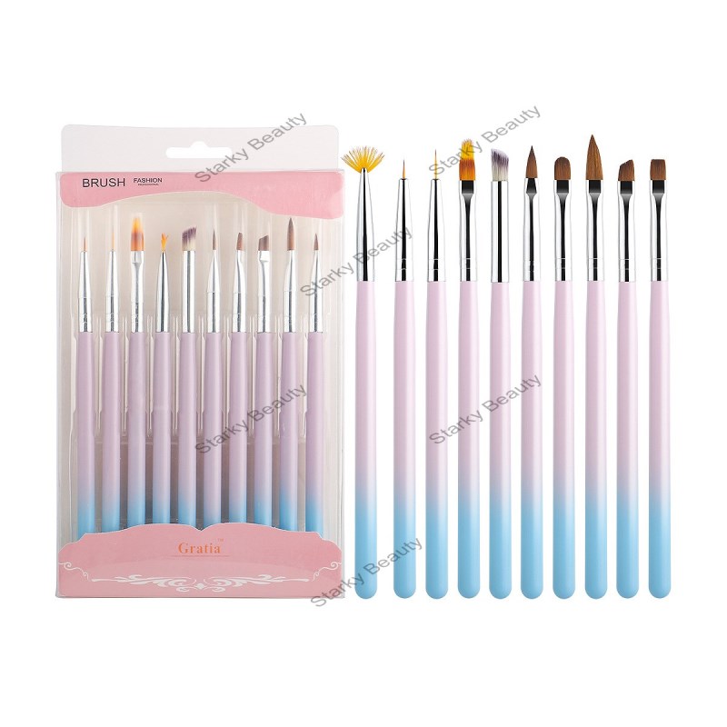 10 Blue Pink Gradual Color Changing Metal Rod PVC Box Nail Carving Brush Set