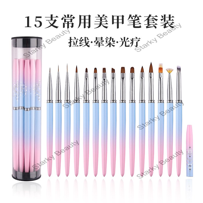 15PCS Pink Blue Handle Drawing Nail Brushes Nail Art Tools