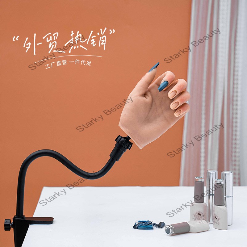 Silicone nail art practice hand with flexible arm and desk clamp