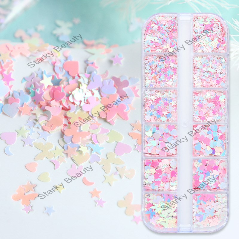 12 grid butterfly heart nail glitter dreamy mermaid color nail glitter