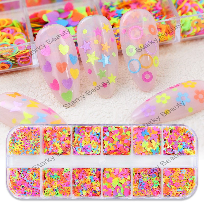 12 color box nail art accessory sequins, fluorescent butterfly, star, heart, digital English mixed