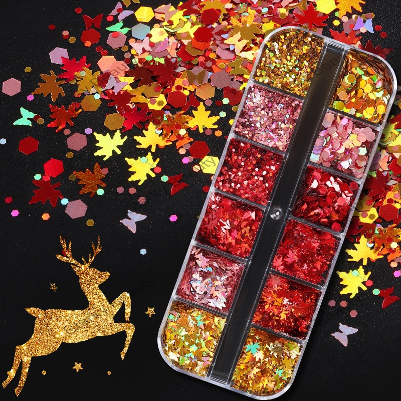 12 color box mixed maple leaf glitter laser colored leaf glitter nail art autumn jewelry