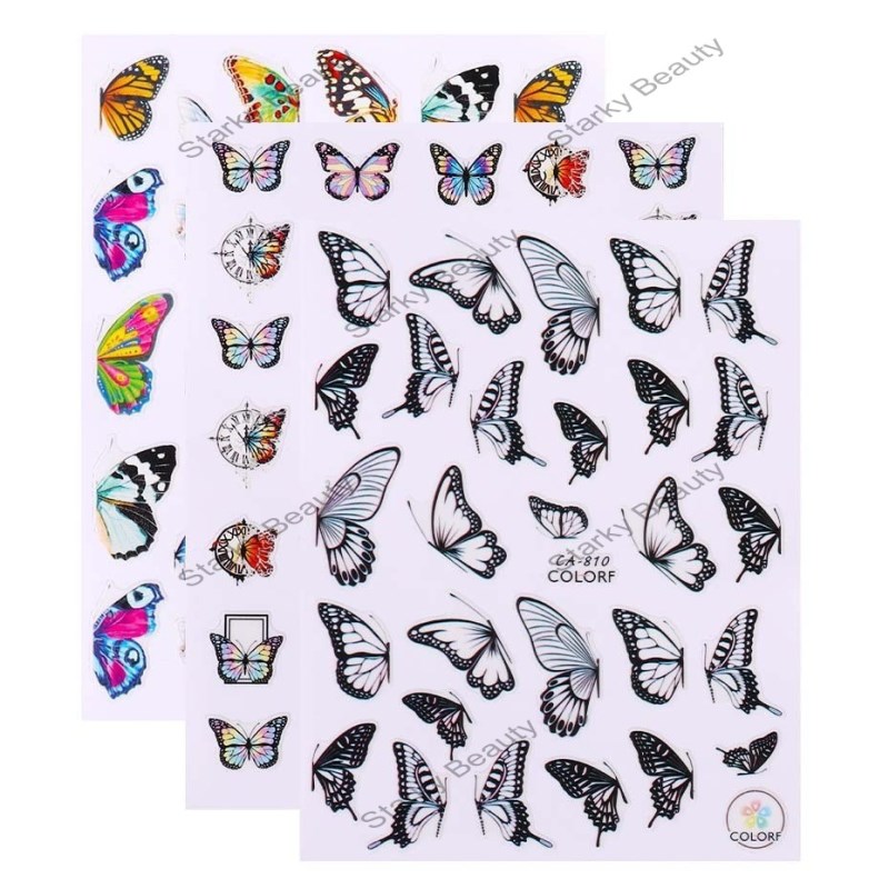 beautiful and colorful butterfly flower painted nail stickers