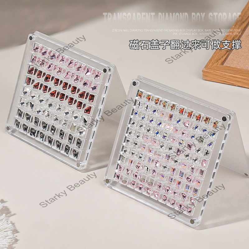 Nail art 36 grid acrylic drill box 64 grid 100 grid transparent jewelry storage box magnet cover