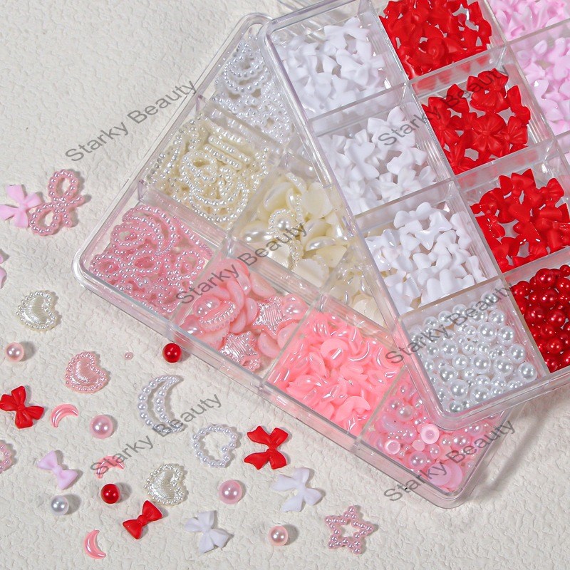 12 Grid Nail Resin Bow Strap Camellia Bear Multi Color Mixed Nail Pearl Size Set