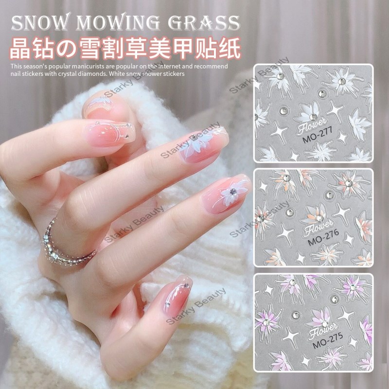 Crystal diamond relief flower nail sticker, 3D white semi transparent snow mowing nail sticker