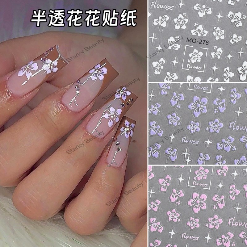 relief crystal diamond pink semi transparent floral nail sticker small floral nail sticker