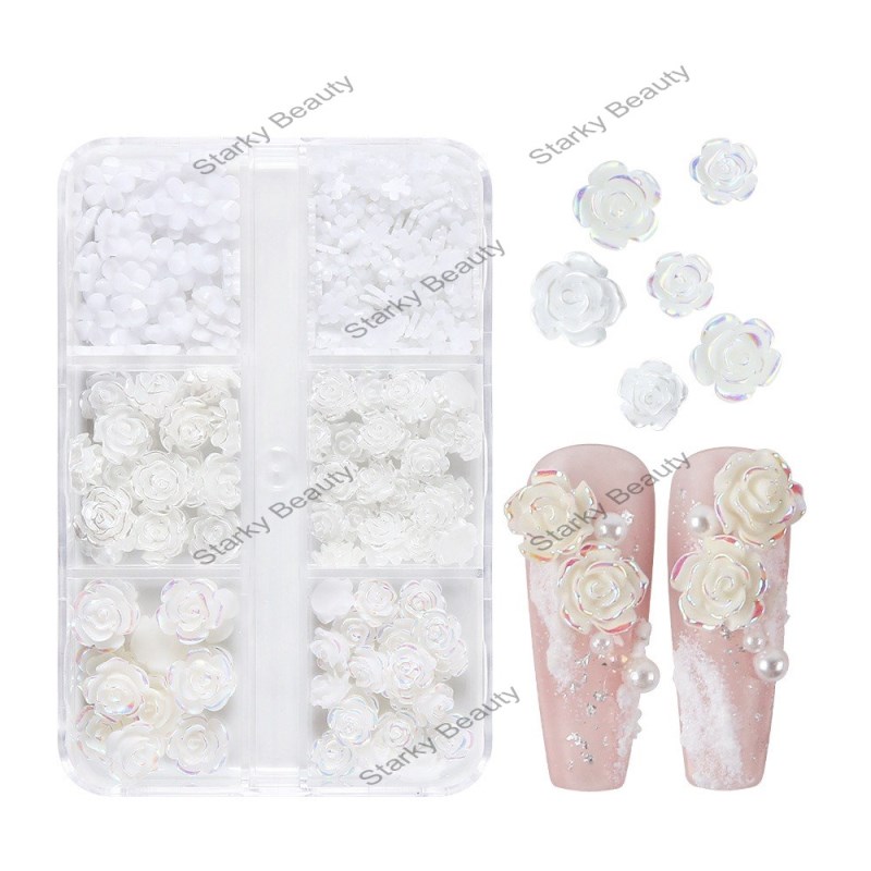 6 Grid Box Camellia Nail Decoration Mixed 3D Aurora Rose Resin Small Flower