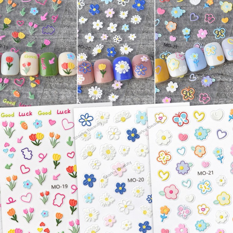 Embossed flower small daisy nail sticker cartoon tulip love butterfly backing adhesive nail sticker