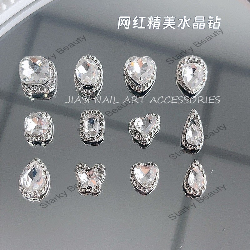 transparent white alloy irregular diamond pink love square water droplet butterfly nail accessories