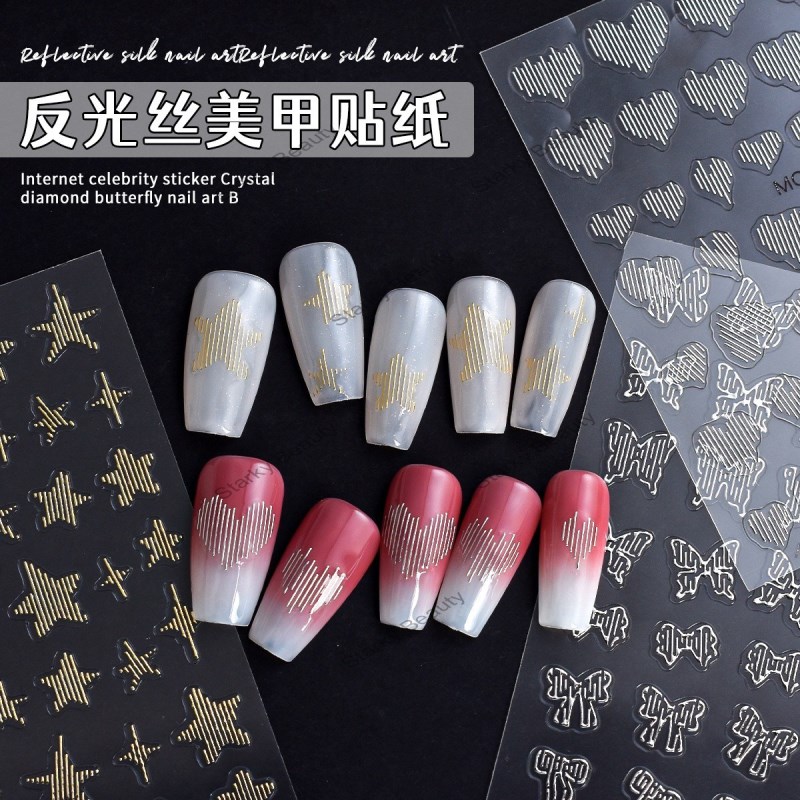 Relief Reflective Silk Nail Sticker Jewelry Colorful Love Five pointed Star Gold Bow