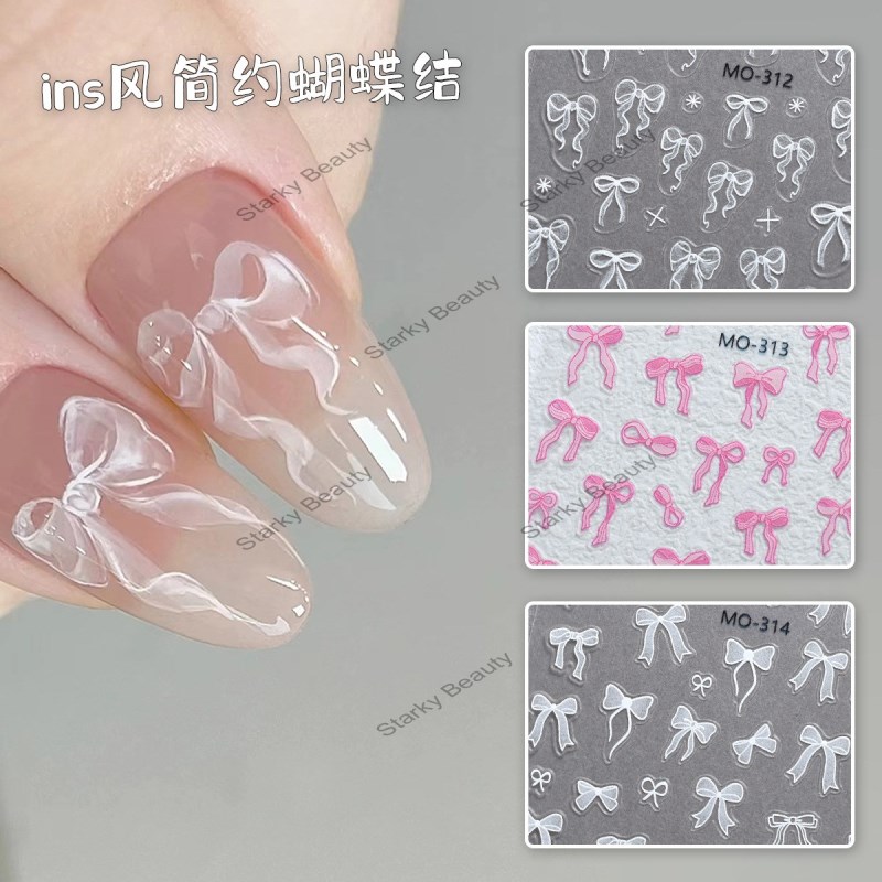 Relief New Pink Cute Bow Nail Sticker Simple Girl Heart Sweet Bow Nail Sticker