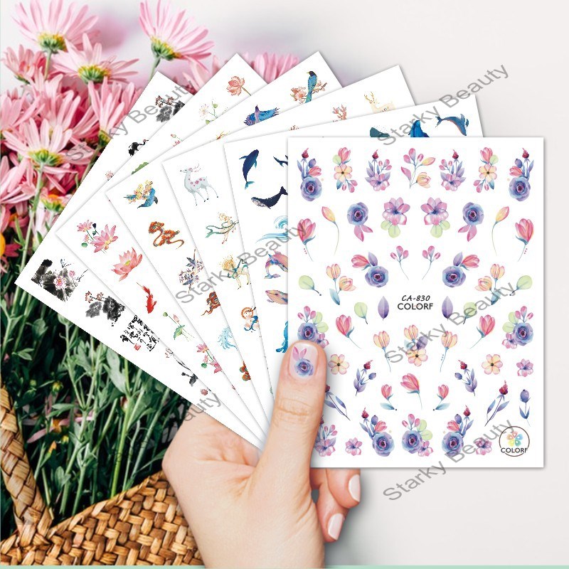 CA simulation nail stickers, flower animal lotus ink Chinese style nail stickers