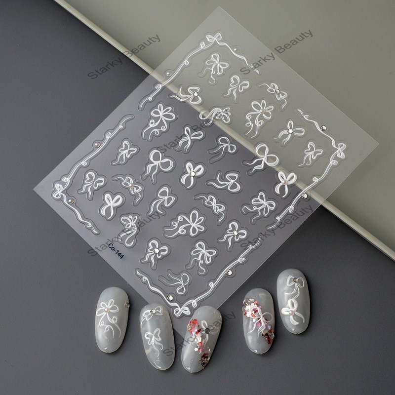 New Process 2024 New Nail Sculpture White Bow Tie Nail Sticker Fragmented Diamond