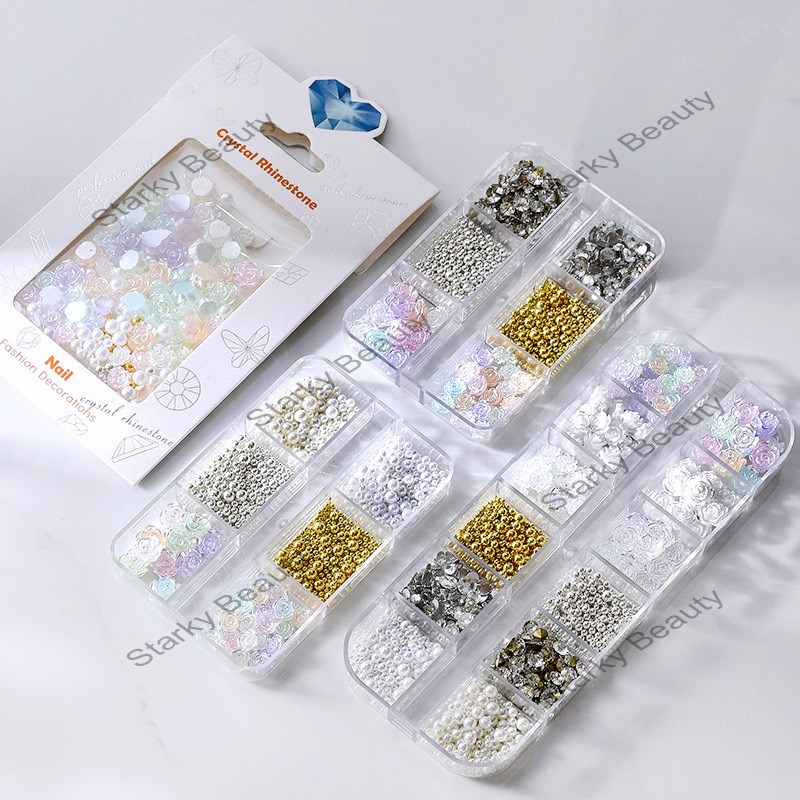 Colorful Camellia Nail Accessories Diamond Mixed 6-Grid 12 Grid Set Nail Accessories