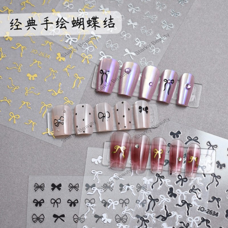 back adhesive transparent base nail sticker hand-painted black and white bow ribbon