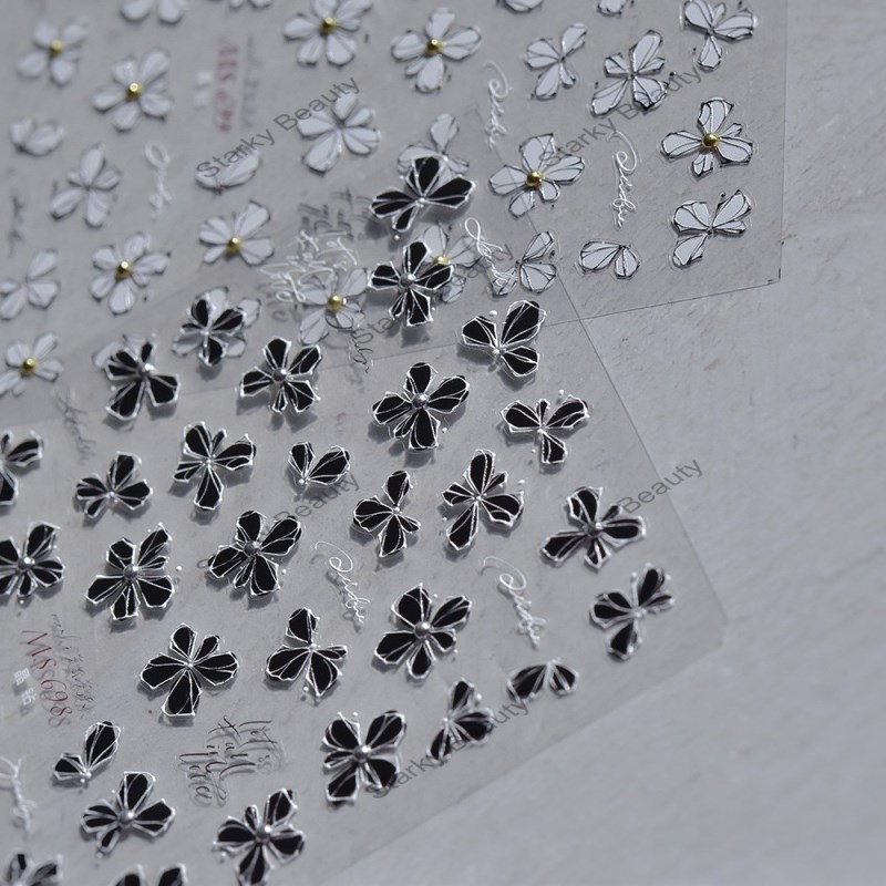 Crystal Diamond Nail Stickers Black and White Flower Stickers