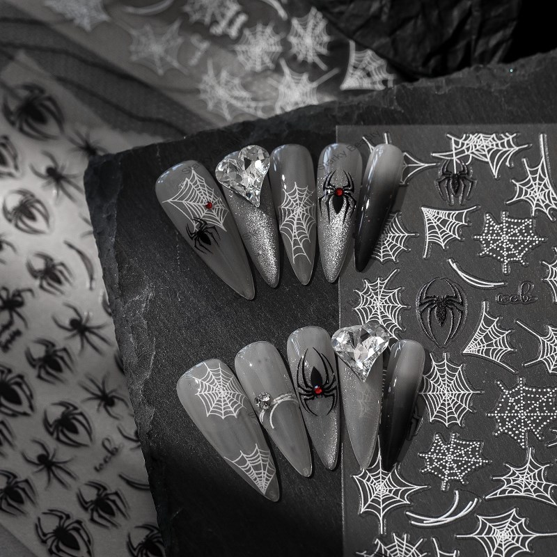 Black and White Spider Nail Stickers 3D Relief Halloween Dark Series Nail Stickers