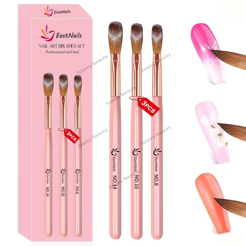 3 Pink Wooden Stem Nail Crystal Pen Set Nail Brush Set