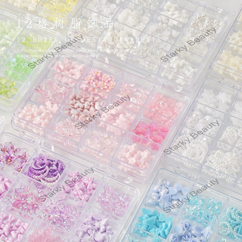 12 grid nail art resin bow ribbon camellia bear multi-color mixed nail pearl