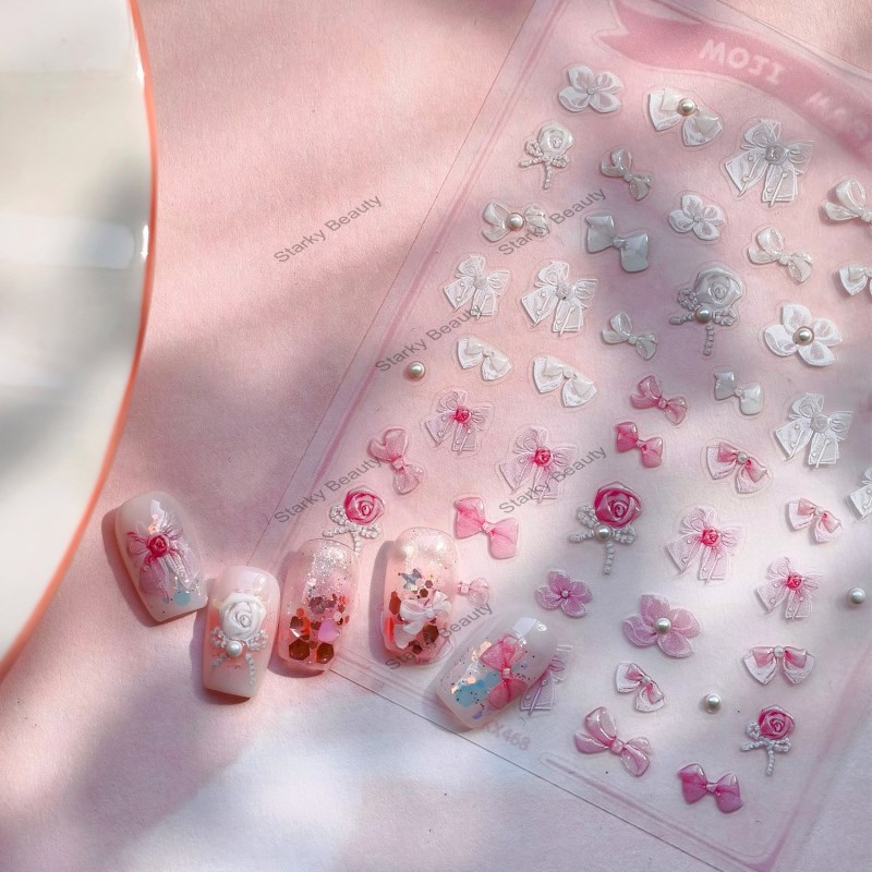 3D Hand drawn Flower Nail Stickers with Back Adhesive White Butterfly Linglong Series