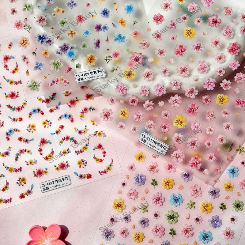 2025 New technology  simple flower nail stickers, watercolor small dried flower with back glue